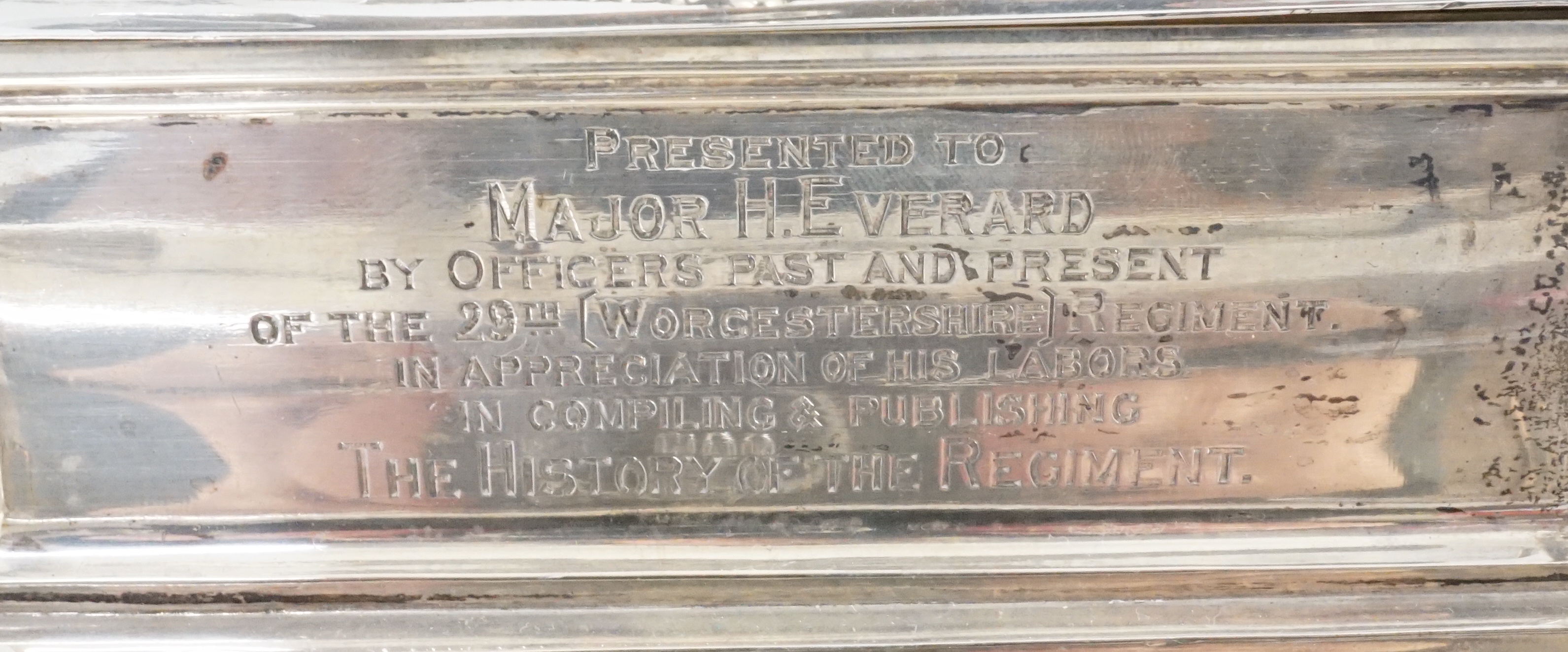 The Worcestershire Regiment. A Victorian Regimental presentation silver inkstand, John Newton Mappin, London, 1892